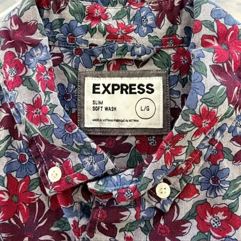 Express Slim Soft Wash Button-Down Shirt Men's Large Floral 100% Cotton